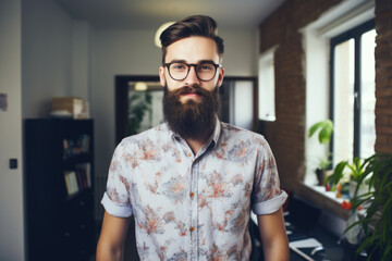 Confident and smiling handsome hipster man standing in office environment at home