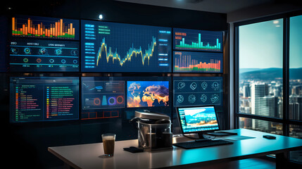 A large screen displaying dynamic business analytics data