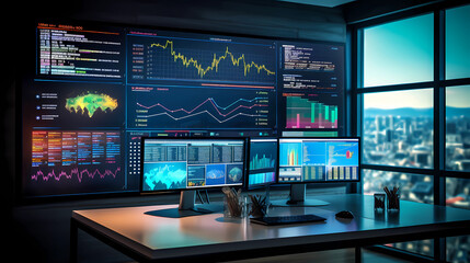 A large screen displaying dynamic business analytics data