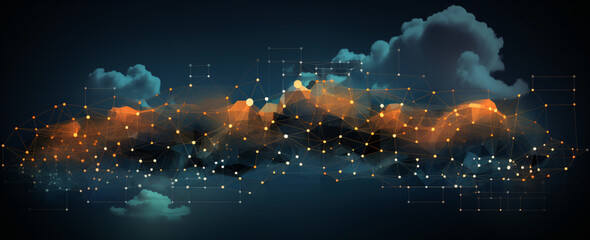 abstract digital cloud background, dark blue and orange ambiance, cloud computing.  - obrazy, fototapety, plakaty