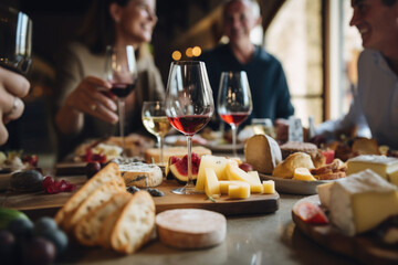 Group of friends having wine tasting party in French restaurant