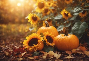 Naklejka na ściany i meble Fall background with pumpkins sunflowers and fall leaves