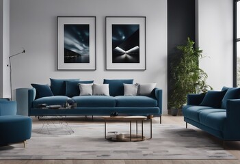 Modern living room interior with blue couch or sofa and art on the wall