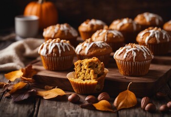 Pumpkin muffins on a wooden table homemade and freshly baked fall dessert or snack idea
