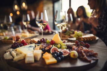 Obraz na płótnie Canvas Group of friends having wine tasting party in French restaurant