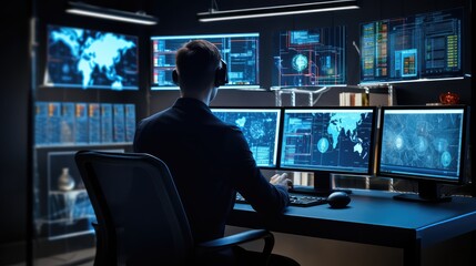 Security worker looking at surveillance monitors