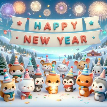 Adorable animals celebrate with a 'Happy New Year' banner, fireworks, and winter scenery