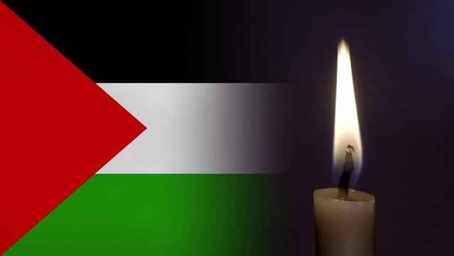 mourning candle burning front of flag Palestine, Victims of cataclysm or war concept, memory of heroes served country, grief over loss, national unity in challenging times, state's history