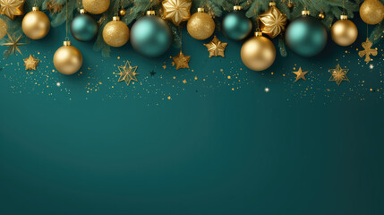 Fototapeta na wymiar Green Merry Cchristmas Banner With Creative Golden Balls