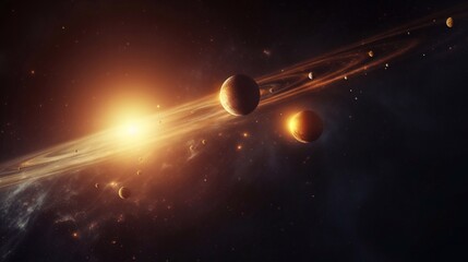 An illustration of the planets of our solar system orbiting the sun in outer space and dark copy space background.
