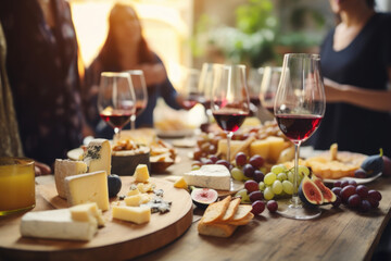  Group of friends having wine tasting party in French restaurant