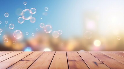 Empty wooden surface and floating soap bubbles blurred view with tranquil bokeh lights and blue sky. Graphic resource for montage, overlay or texture, copy space.