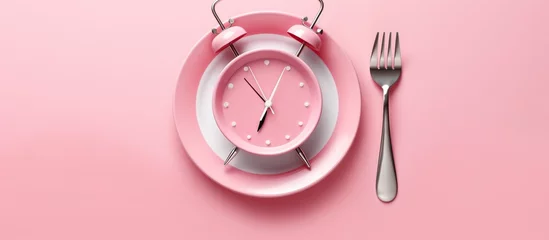 Poster Top view alarm clock on white plate with knife and fork on blue background. Intermittent fasting, Ketogenic dieting, weight loss, meal plan and healthy food concept © ANIS