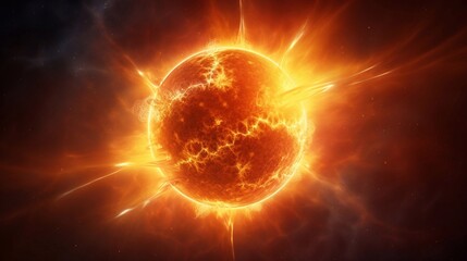 Earth's sun in outer space. Solar surface with powerful bursting flares and star protuberances...