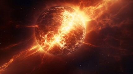 Obraz premium Earth's sun in outer space. Solar surface with powerful bursting flares and star protuberances erupting with magnetic storms and plasma flashes on dark copy space background.
