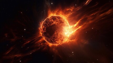 Earth's sun in outer space. Solar surface with powerful bursting flares and star protuberances erupting with magnetic storms and plasma flashes on dark copy space background.