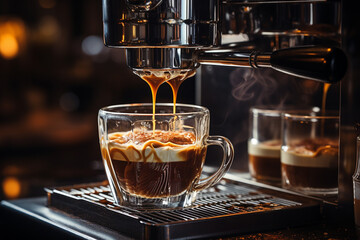 A sleek espresso machine crafting the perfect brew, filling a glass with delicious coffee. Ai generated