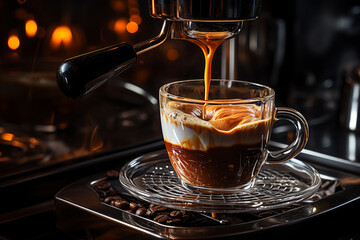 A sleek espresso machine crafting the perfect brew, filling a glass with delicious coffee. Ai generated