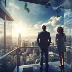 Fototapeta premium On a tall building's balcony, financial advisers reflect on the future direction of investments.