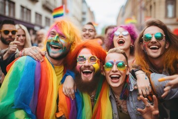 Diversity in Society concept. LGBT and LGBTQ rainbow in bright design. Rainbow flag for lgbtq community, freedom and smiles, pride parade. Group or young non-binary people, gay, trans and queer. - obrazy, fototapety, plakaty