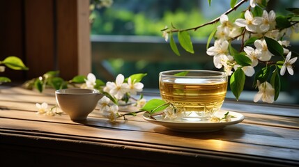 fragrant chestnut honey in jar with blossom flowers