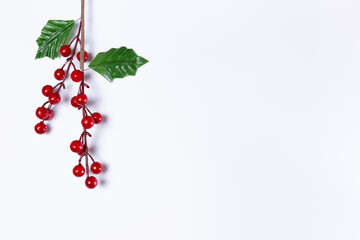 Christmas decoration with small branch of holly shoots on left side of image. White background.