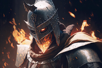 A captivating digital artwork depicting a fearsome knight in a full body armor with fire. Ai generated