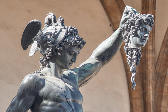 Close-up of Bronze statue of Perseus with the head of Medusa in Florence