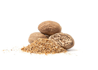 Nutmeg Isolated, Myristica Fragrans Fruit, Dry Spicy Nutmeg Powder, Grated Whole Muscat Nut, Nut Meg