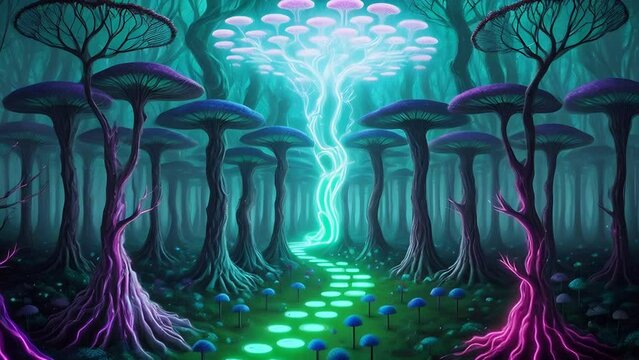 surreal psychedeli night blue forest with neon trees,  fantasy flowers.