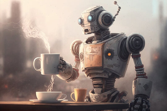 Funny illustration featuring a robot enjoying a steaming cup of coffee or tea. Ai generated