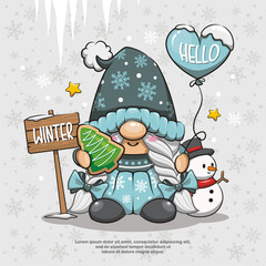 Winter Lady Gnome, Christmas Gnome With Snowman And Balloon. Cute Cartoon Illustration