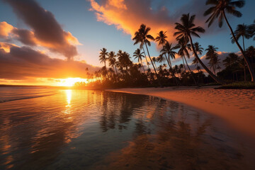 Fototapeta na wymiar Experience the breathtaking beauty of a tropical island sunrise or sunset, casting a warm glow over palm tree shore. Ai generated