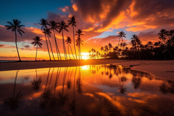 Experience the breathtaking beauty of a tropical island sunrise or sunset, casting a warm glow over palm tree shore. Ai generated