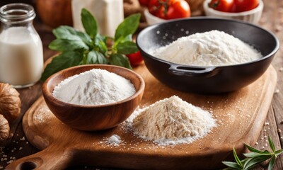 Flour on a wooden board. Cooking Kitchen background