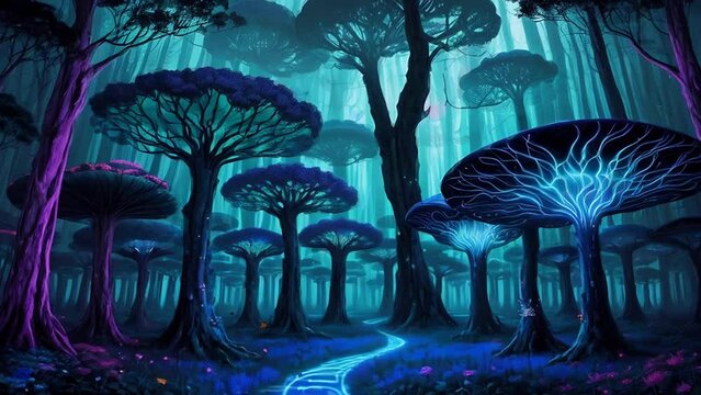 surreal psychedeli night blue forest with neon trees,  fantasy flowers.
