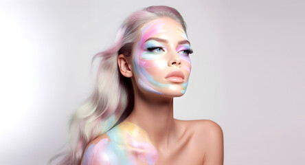 Naklejka premium Fashion editorial Concept. Closeup portrait of stunning pretty woman with chiseled features, pastel colourful makeup and hair. illuminated with dynamic composition dramatic lighting. copy text space