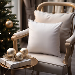 Pillow Mockup Christmas, Blank Square Pillow in Christmas Interior Home