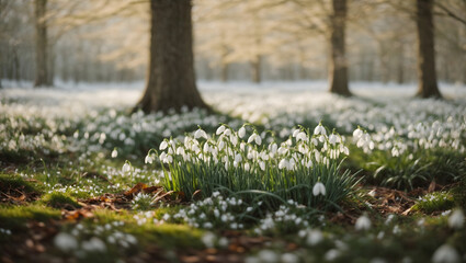 A serene woodland covered in a blanket of delicate, white snowdrops, heralding the arrival of spring. - obrazy, fototapety, plakaty