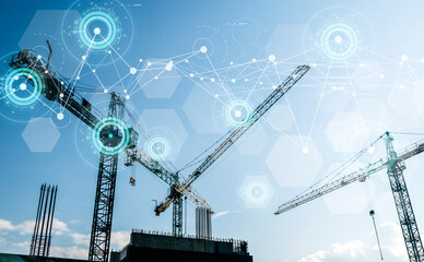 Construction technology banner background. Construction site with cranes, fittings and concrete.