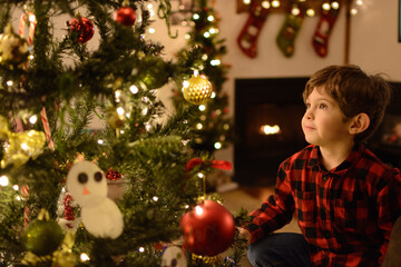 Young boy looking at christmas lights and decorations on a tree at home