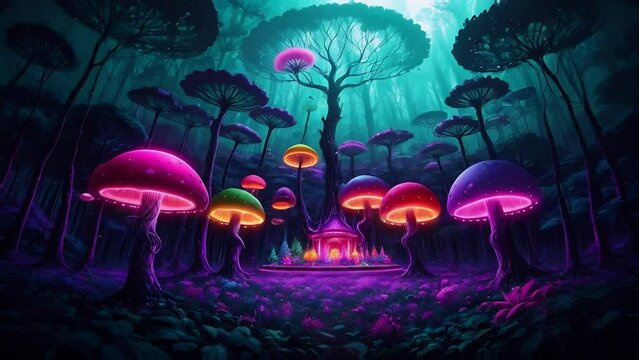 surreal psychedeli night blue forest with neon trees,  fantasy flowers.
