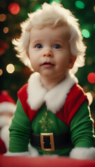 Little Baby Wearing the Elf Costume with Colourful and Bright Background 