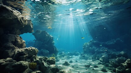 Fototapeta na wymiar Deep ocean full of life. Underwater coral reef with fish and rays of sun through water surface