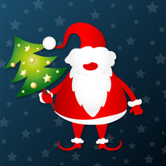 Santa Claus in a red cap with a green tree in his hand. New Year holiday design