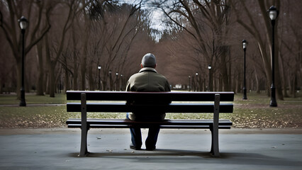 Back view of a man sits alone on a park