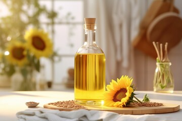 Organic sunflower oil in a small glass jar with sunflower fresh flowers on the table