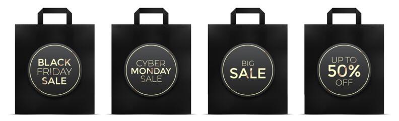 Black Friday and Cyber Monday shopping paper bags with golden tags vector set, isolated on a white background.