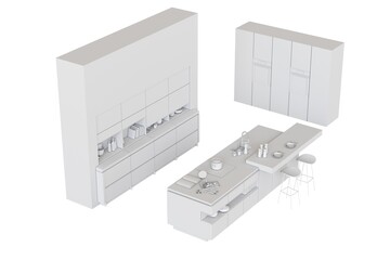 modern kitchen isolated on white background, home furniture, 3D illustration, cg render