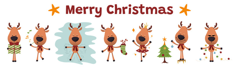 Set of cute reindeer and text MERRY CHRISTMAS on white background